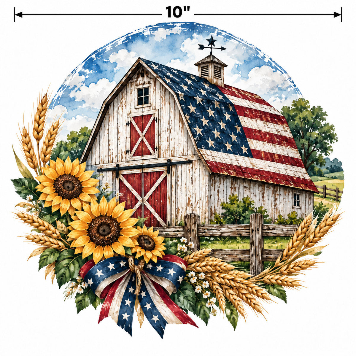 4pcs 10" Patriotic Barn Flag DTF PNG Sunflower Iron On Transfer