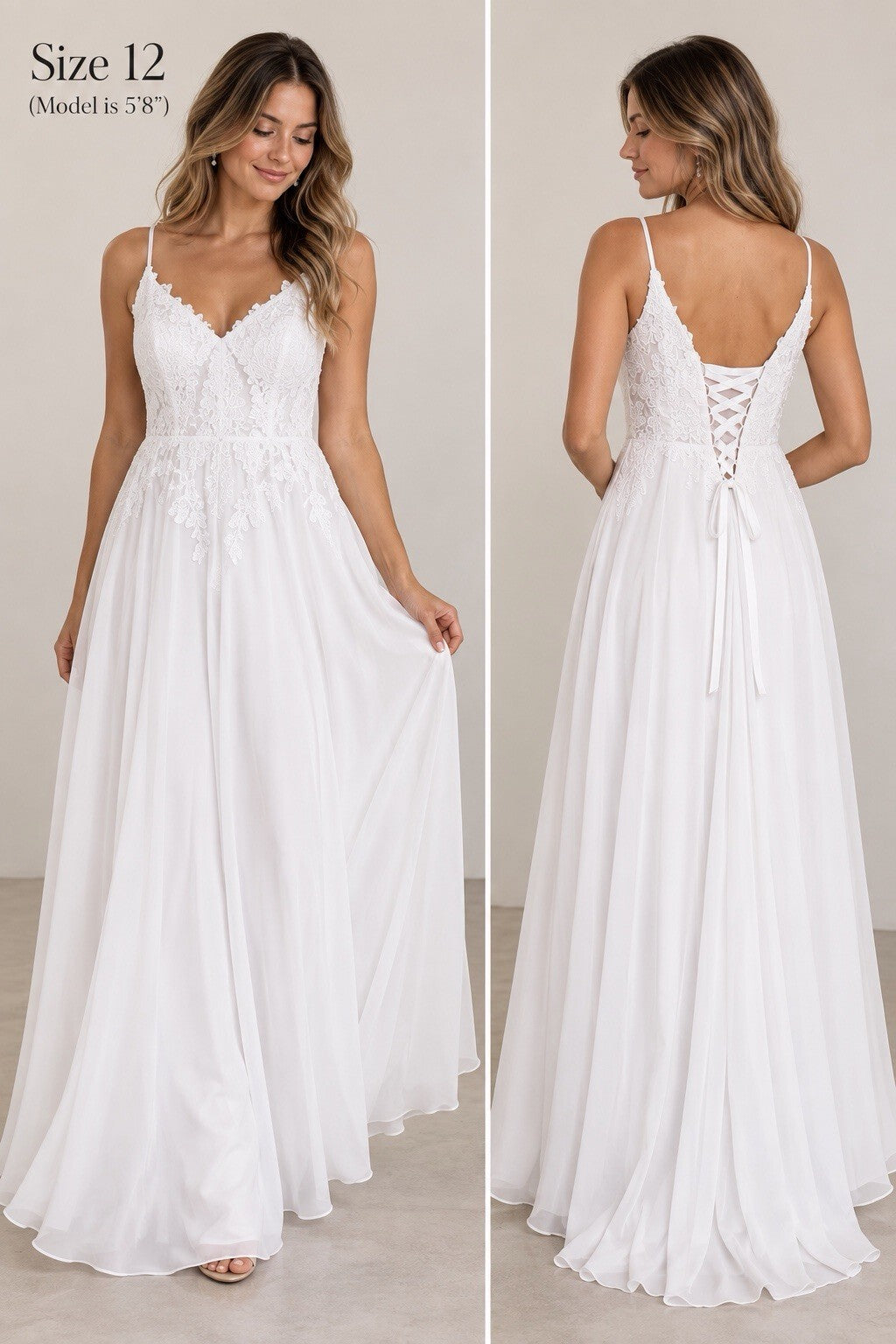 White Wedding Dress Size 12 Lace Corset Back Spaghetti Strap A-Line Bridal Gown