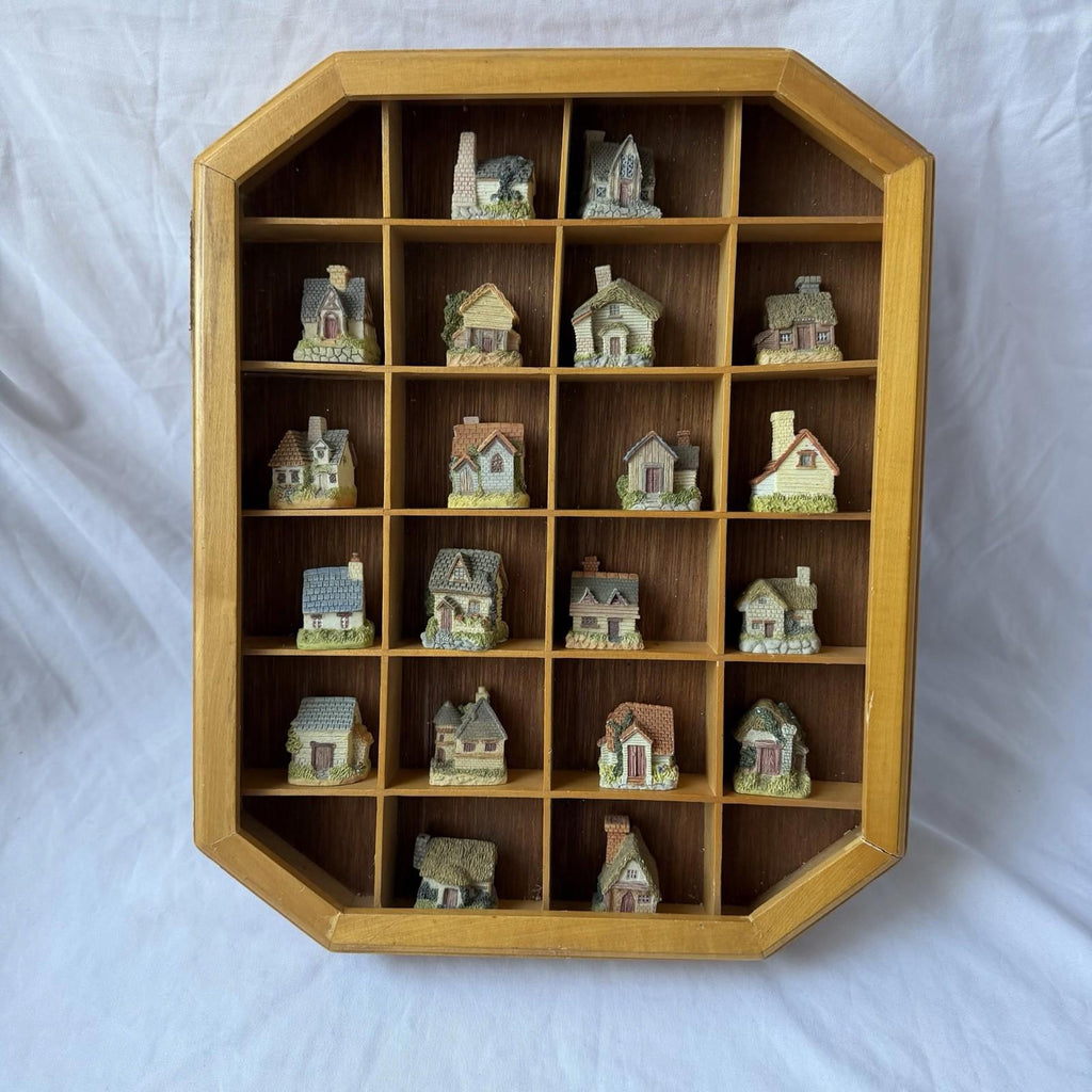 Vintage Miniature Cottage Houses Set w/ Wood Display Shelf 20 Pc