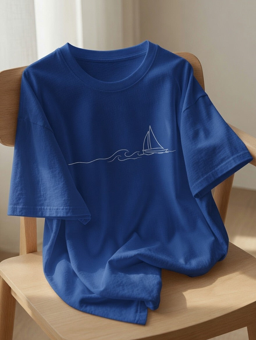 Minimalist Sailboat T-Shirt | Ocean Wave Line Art Tee | Sailing Adventure Shirt
