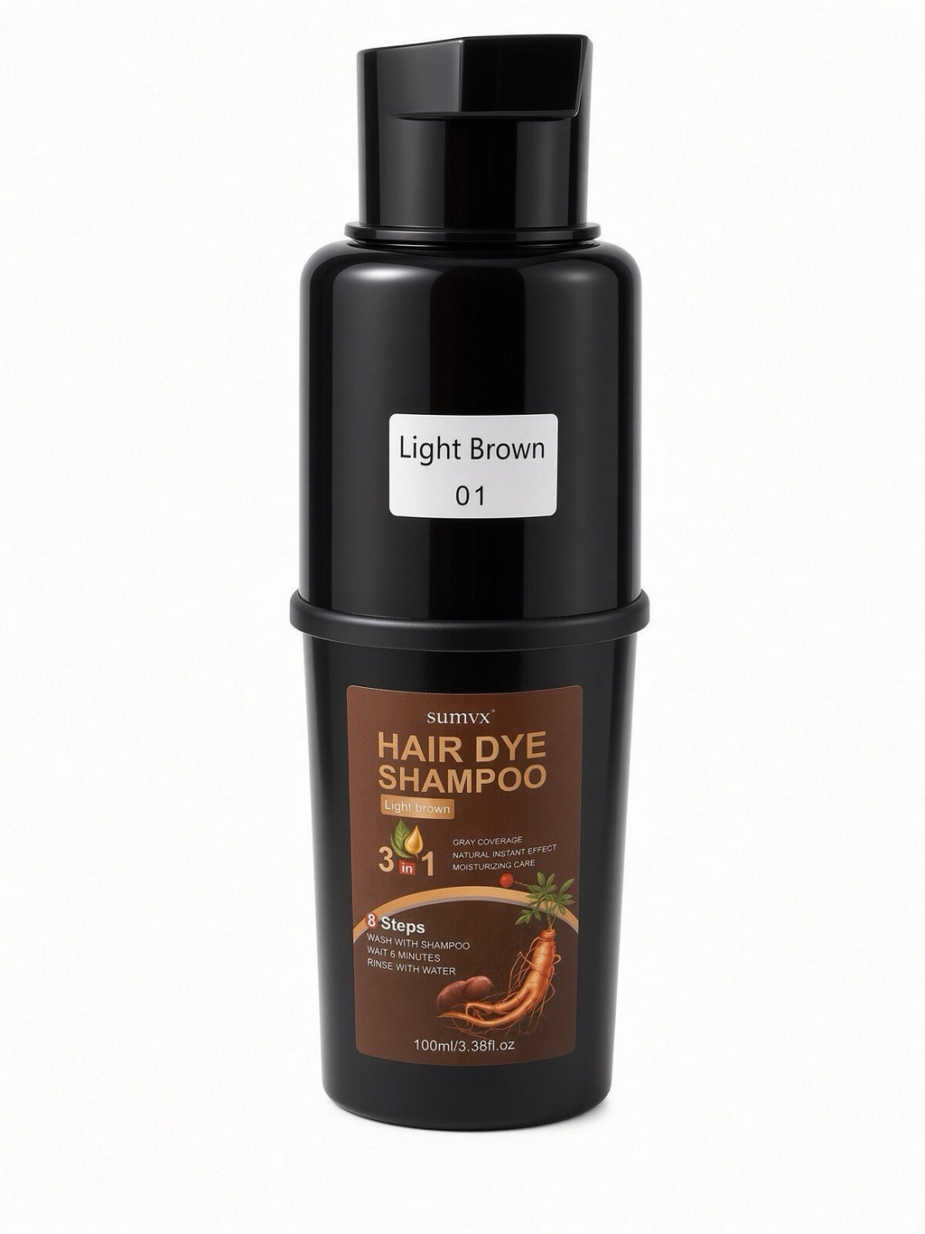 SUMVX Hair Dye Shampoo Light Brown 01 3-in-1 Instant Hair Color 100ml Pump