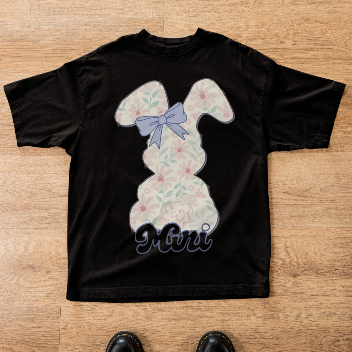 Mini Mom's Day Floral Bunny T-Shirt Cute Rabbit Blue Daisies Bow Tee
