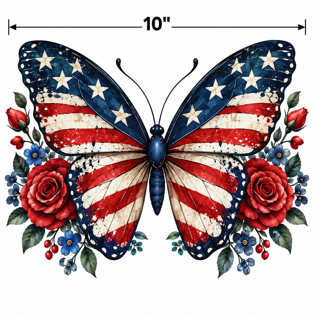 4pcs 10" American Flag Butterfly DTF PNG Floral Iron On Transfer