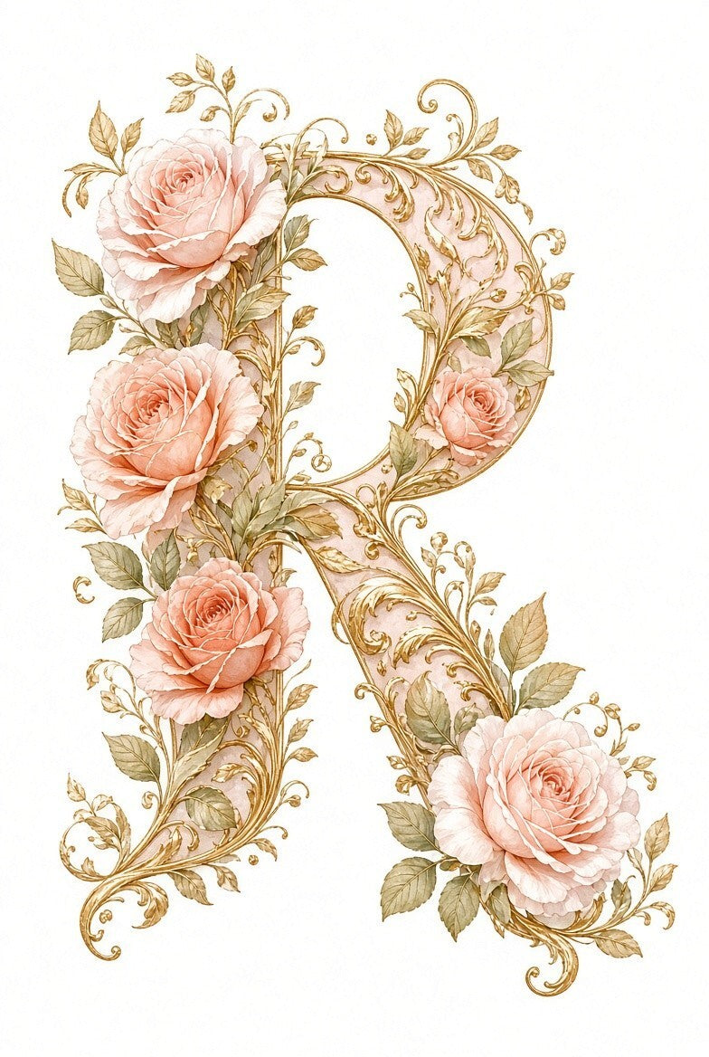 4pcs 10in Floral Letter R Rose Gold Monogram DTF Transfer