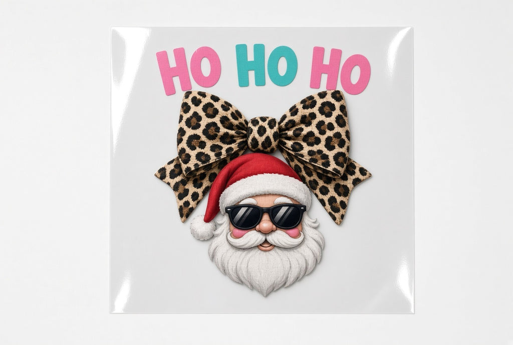 Ho Ho Ho Leopard Bow Santa DTF Transfer 4 Pack 10 Inch Christmas Ready To Press