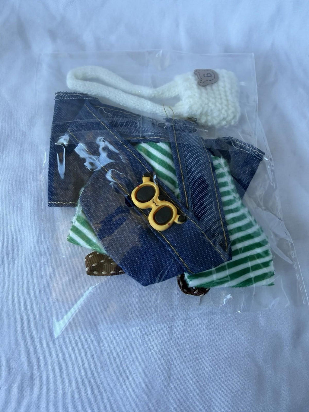 Labubu Style Doll Outfit Denim Overalls Green Stripe Shirt Hat Bag Clothes