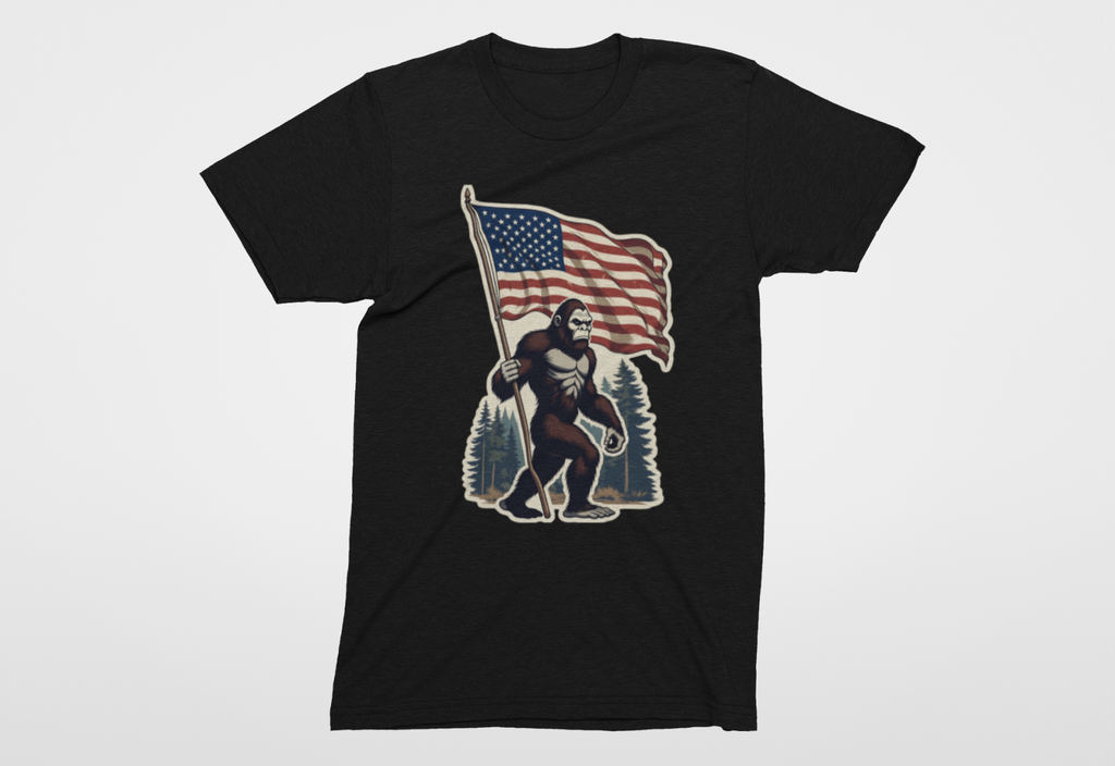 Patriotic Bigfoot Holding American Flag T-Shirt – Sasquatch Merica Tee