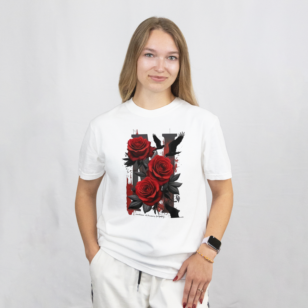 Gothic Rose Raven T-Shirt Black Red Floral Valentine Halloween Tee