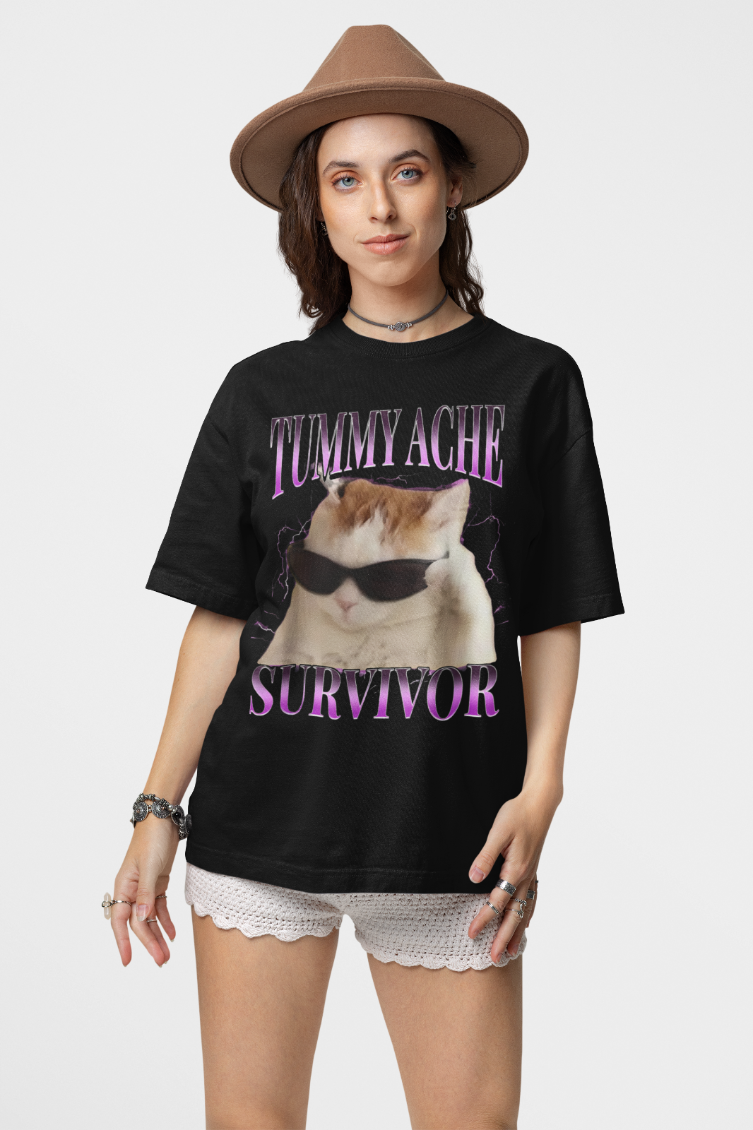 Tummy Ache Survivor Shirt Funny Cat Meme Graphic Tee Humor Unisex
