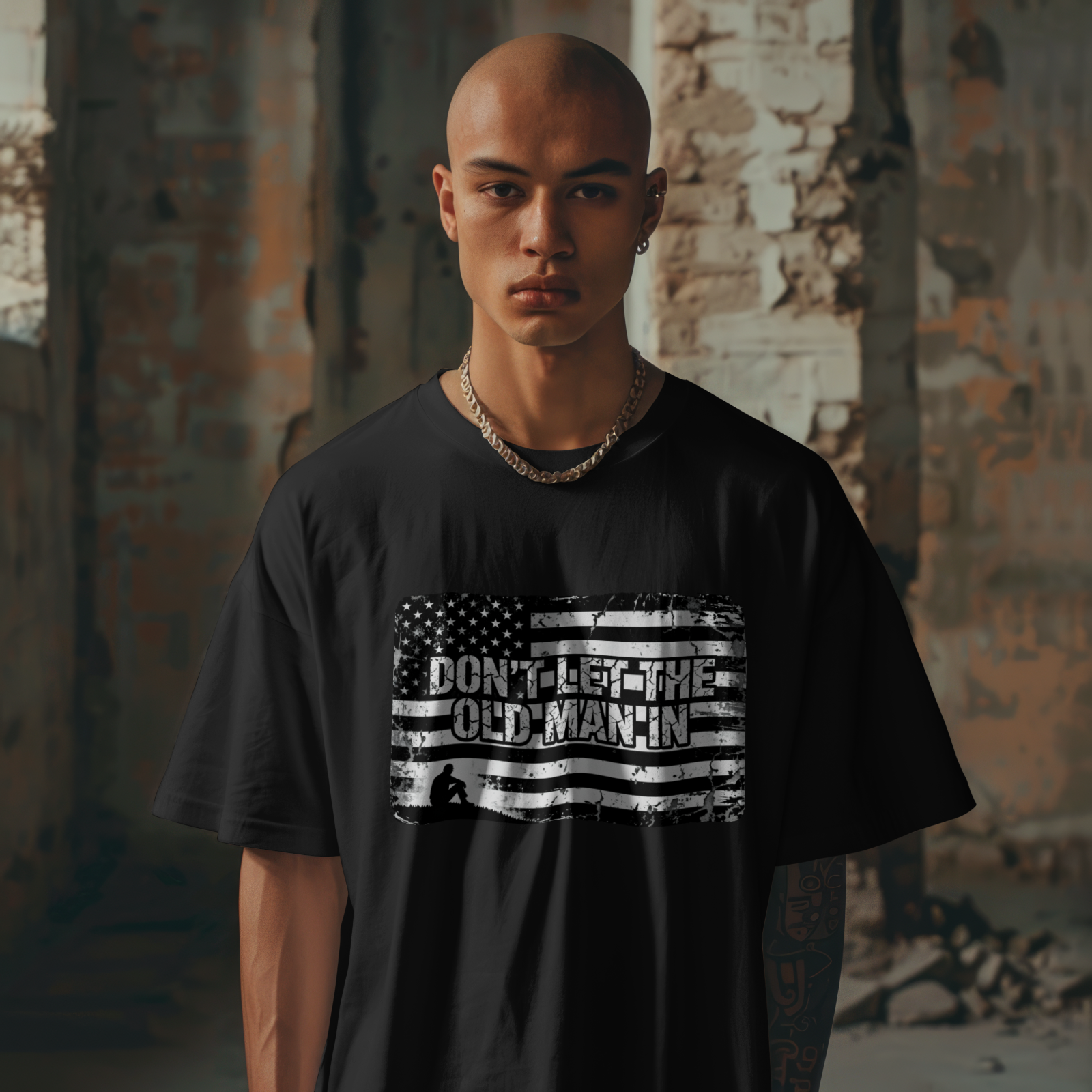 Don't Let The Old Man In Shirt Distressed American Flag Graphic Tee USA Gift