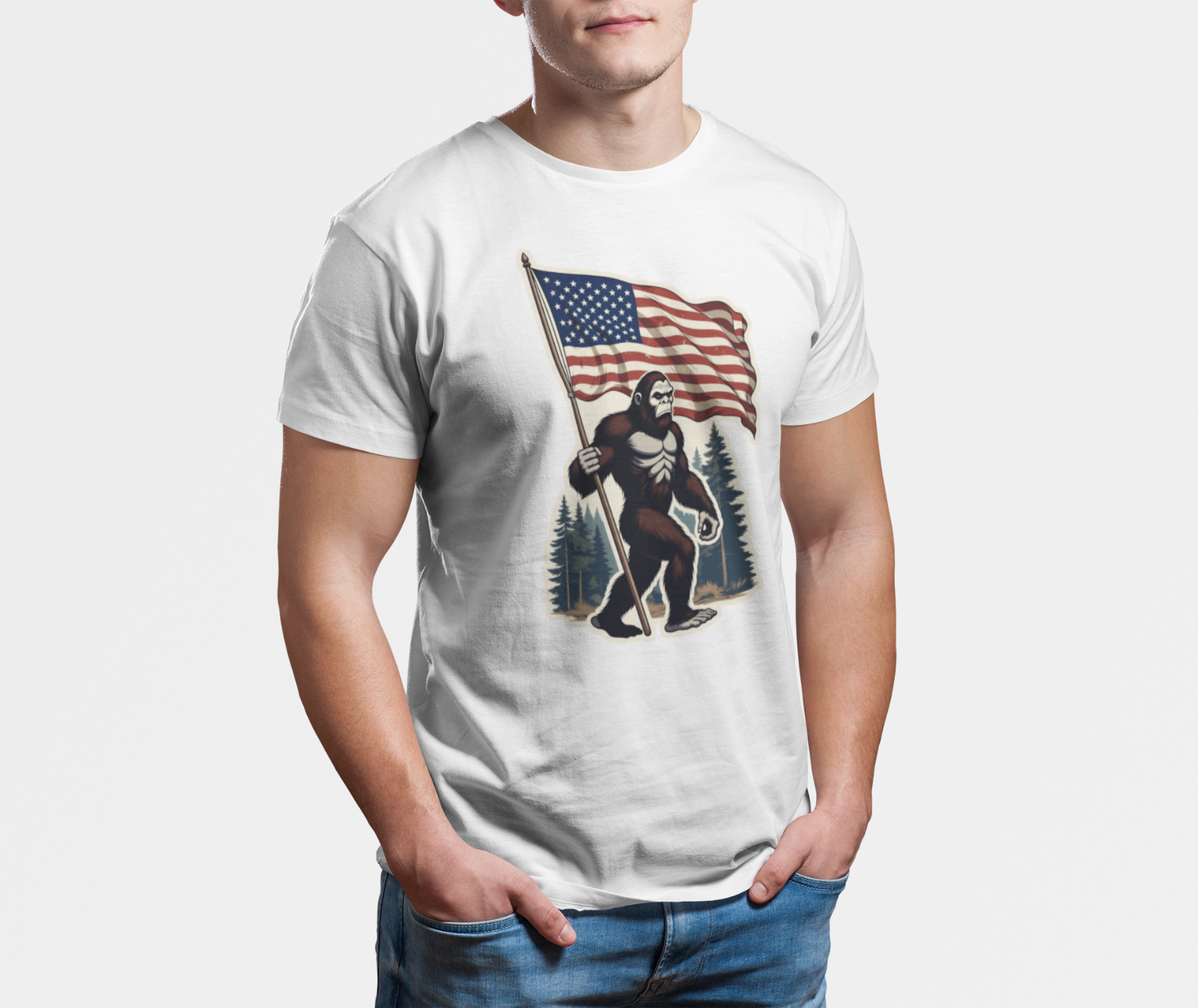 Patriotic Bigfoot Holding American Flag T-Shirt – Sasquatch Merica Tee