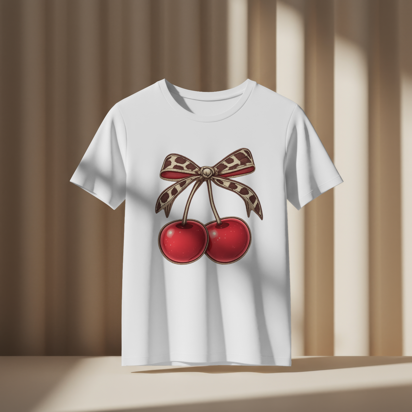 Leopard Bow Cherries T-Shirt | Cute Retro Cherry Graphic Tee for Women