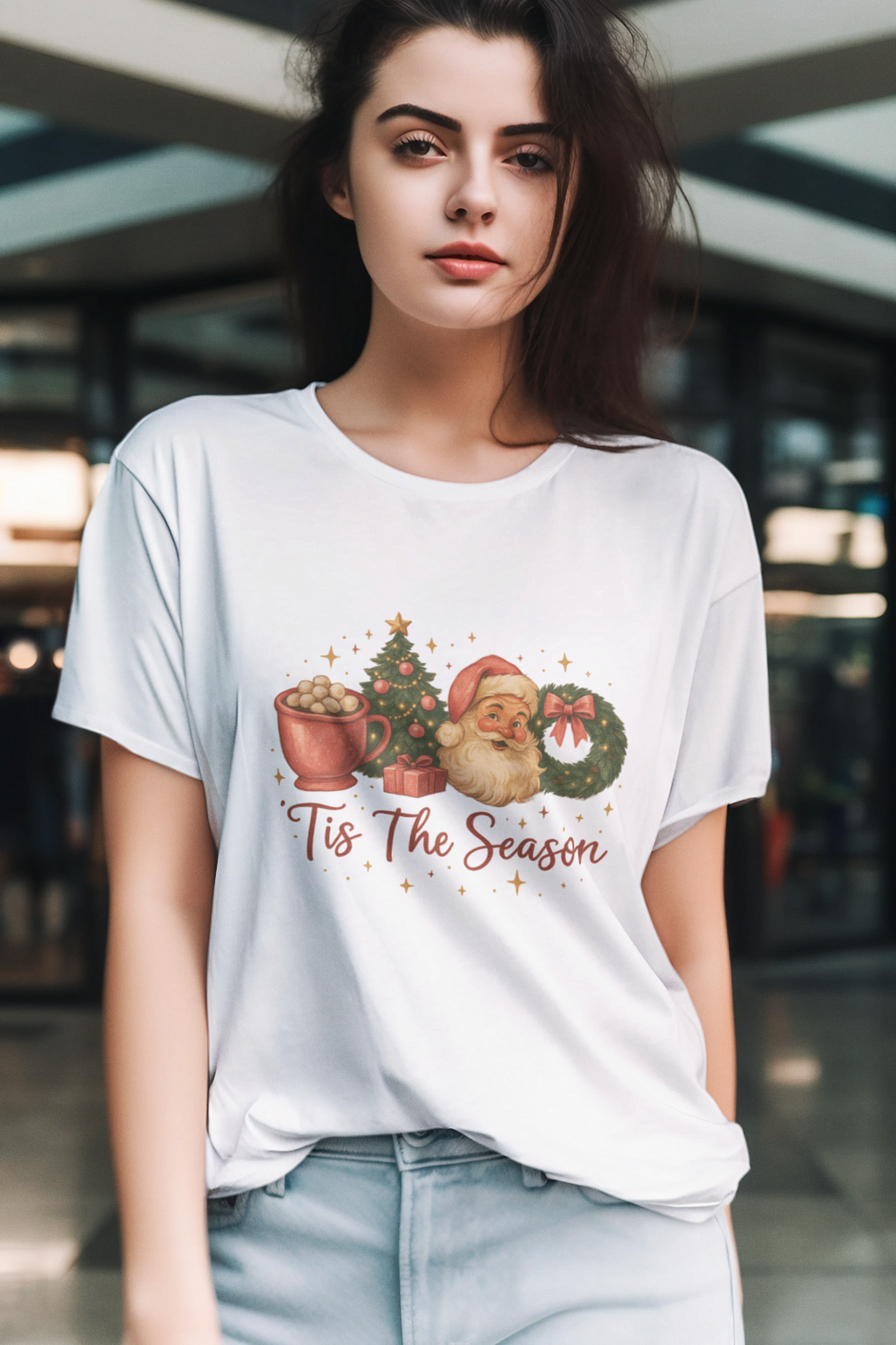 Tis The Season Christmas T-Shirt Santa Tree Cocoa Graphic Holiday Tee Unisex