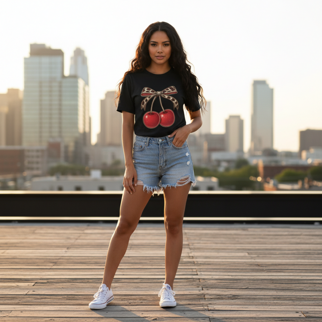 Leopard Bow Cherries T-Shirt | Cute Retro Cherry Graphic Tee for Women