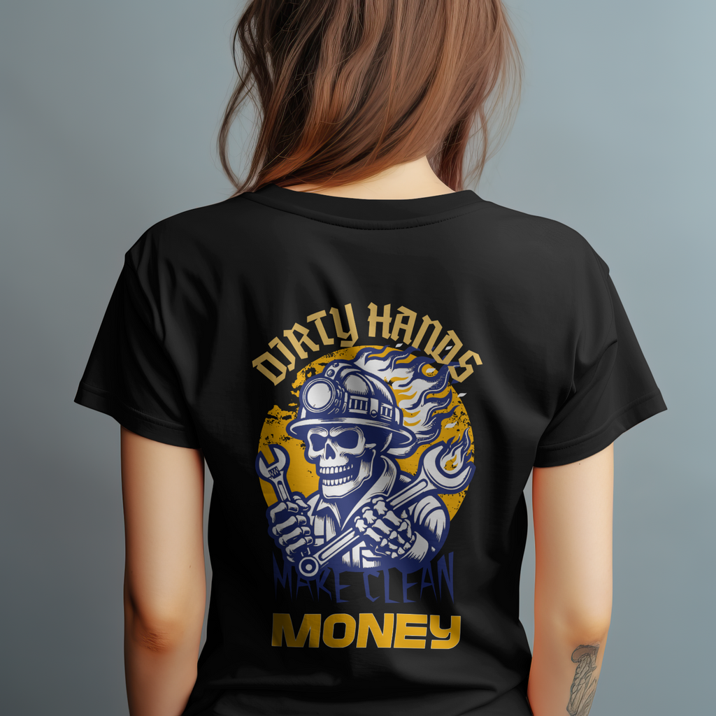Dirty Hands Make Clean Money Shirt Blue Collar Skull Worker Tee Back Print
