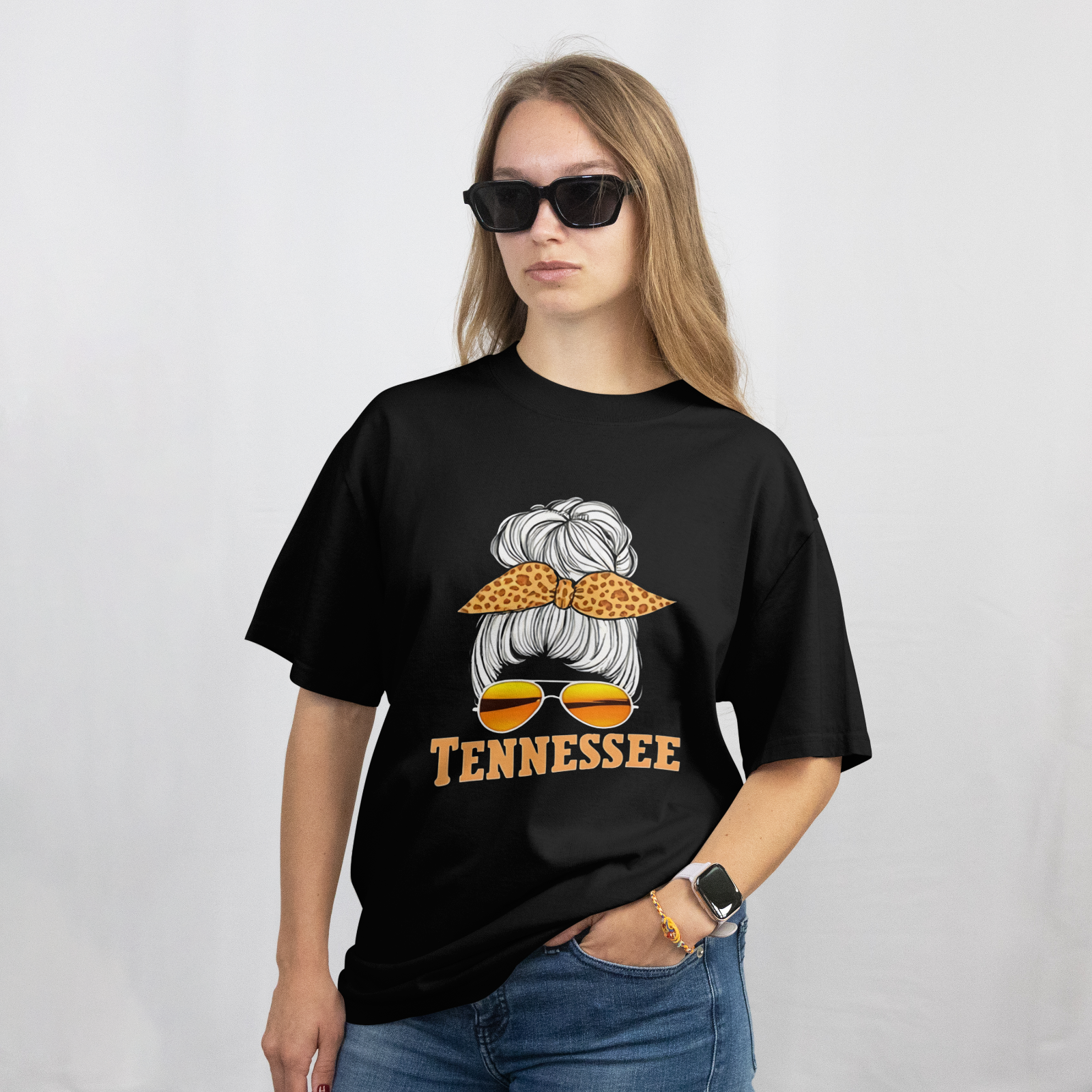 Tennessee Messy Bun Sunglasses T-Shirt | Southern Mama Leopard Bow Tee