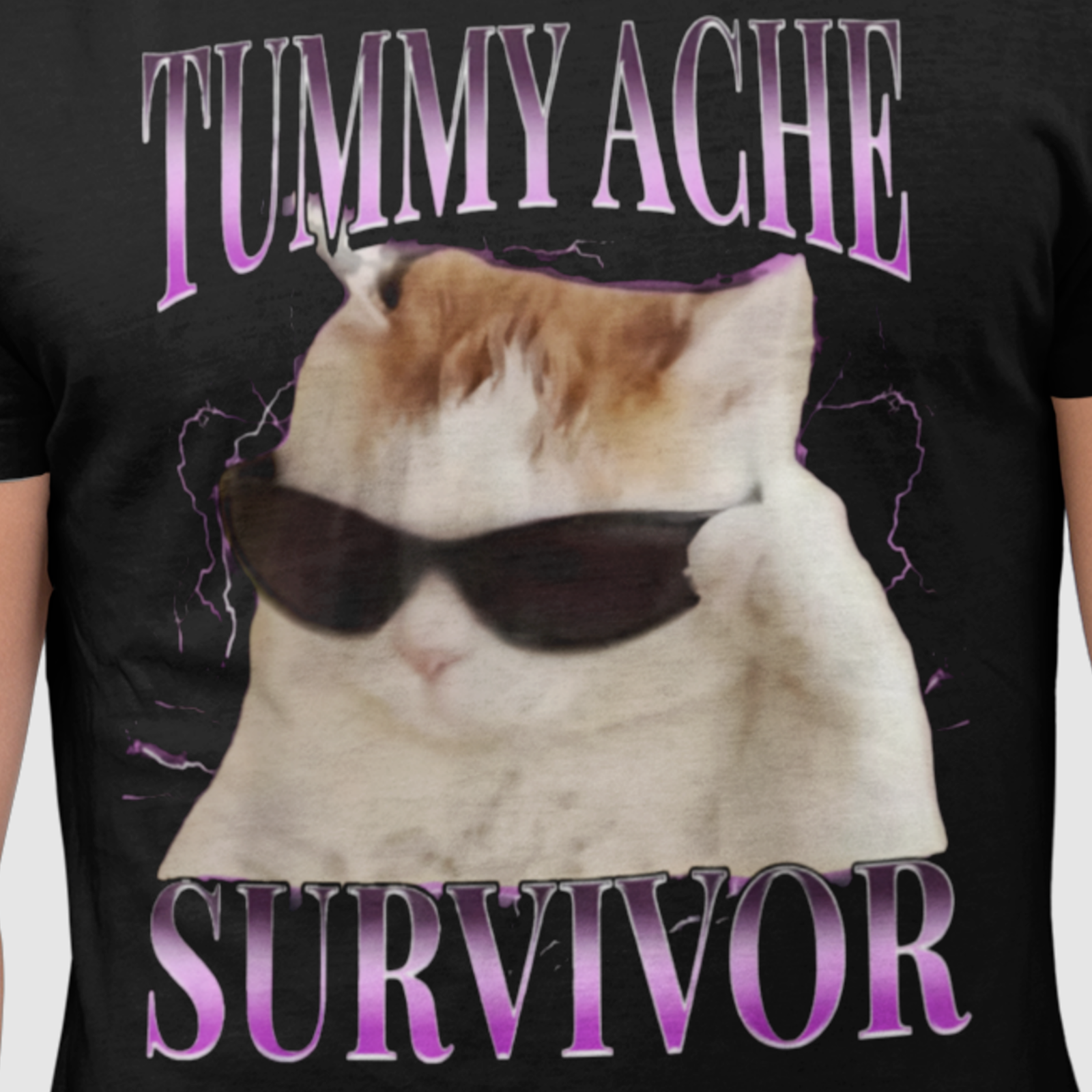 Tummy Ache Survivor Shirt Funny Cat Meme Graphic Tee Humor Unisex