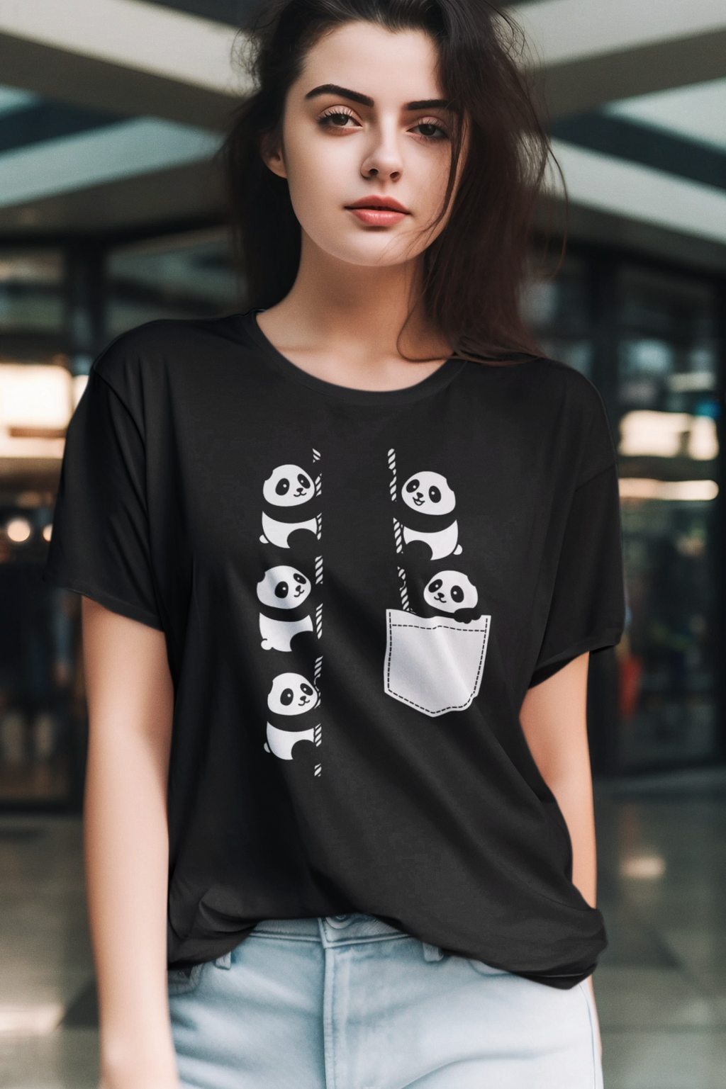Cute Panda Climbing Pocket T-Shirt Black Graphic Tee Kawaii Animal Lover Gift