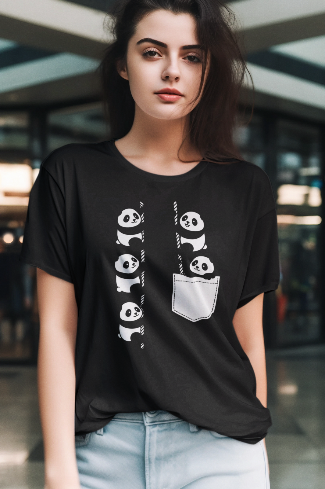 Cute Panda Climbing Pocket T-Shirt Black Graphic Tee Kawaii Animal Lover Gift