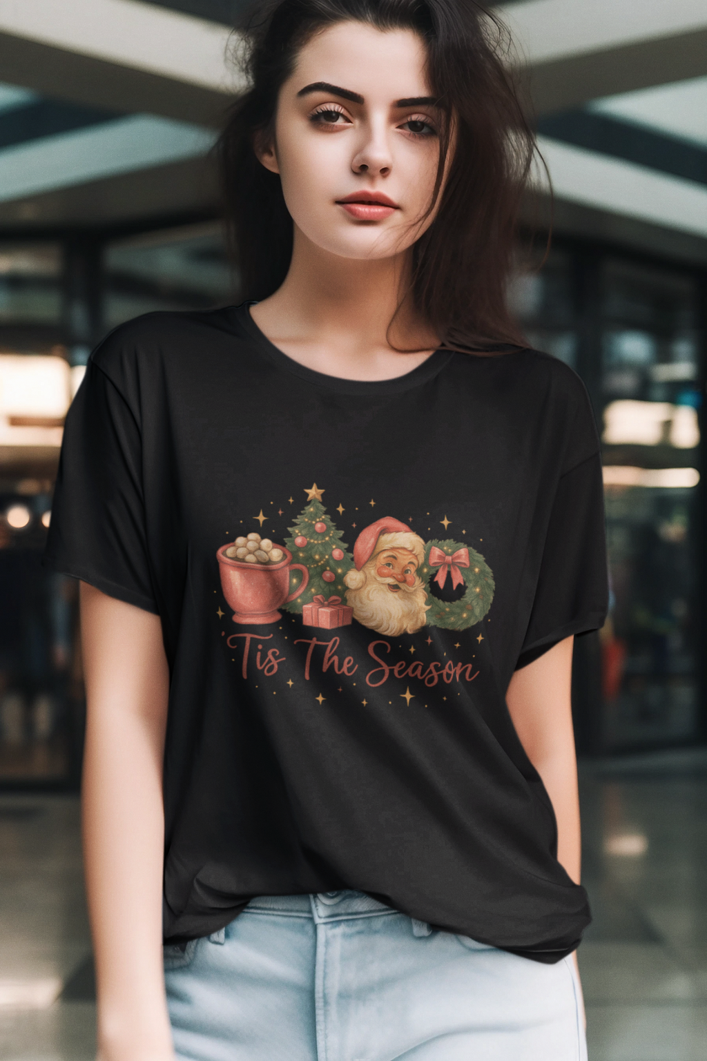 Tis The Season Christmas T-Shirt Santa Tree Cocoa Graphic Holiday Tee Unisex