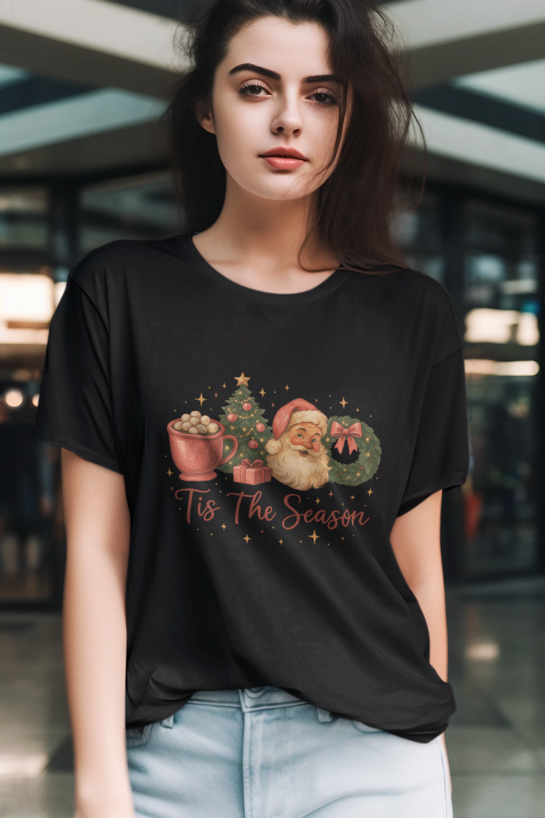 Tis The Season Christmas T-Shirt Santa Tree Cocoa Graphic Holiday Tee Unisex