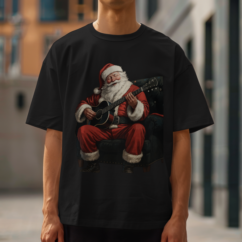 Santa Playing Guitar Christmas Shirt Music Lover Holiday Tee Unisex