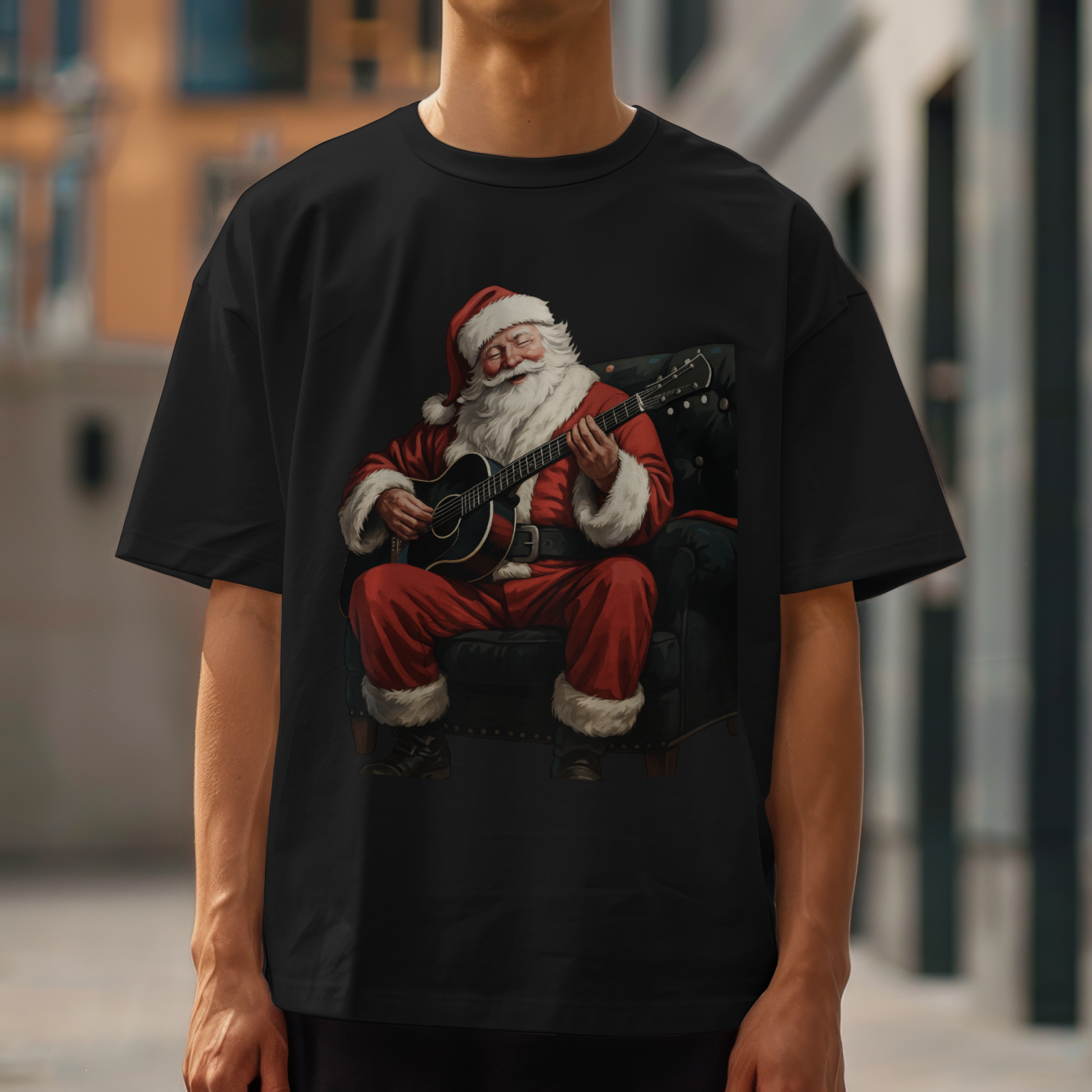 Santa Playing Guitar Christmas Shirt Music Lover Holiday Tee Unisex