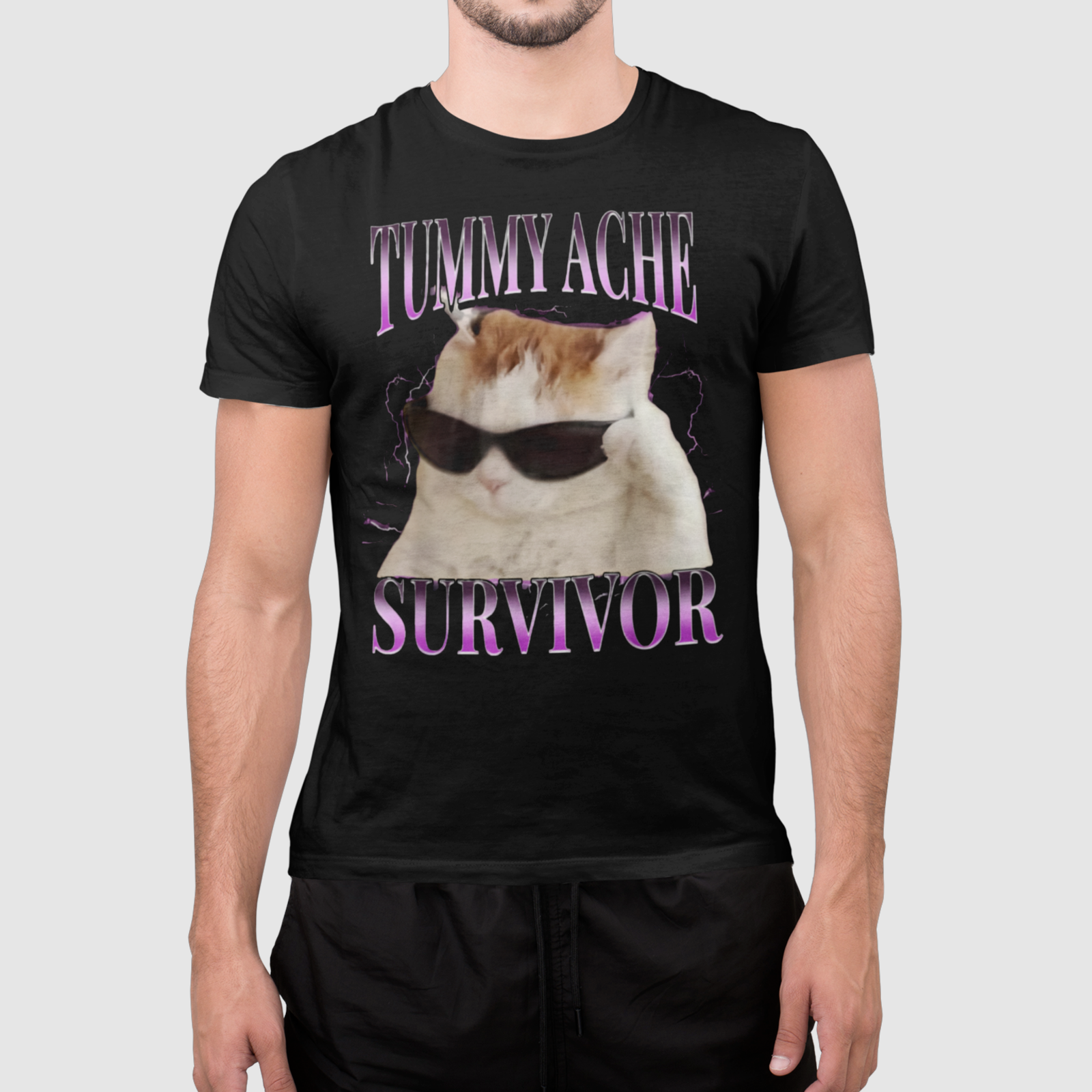 Tummy Ache Survivor Shirt Funny Cat Meme Graphic Tee Humor Unisex