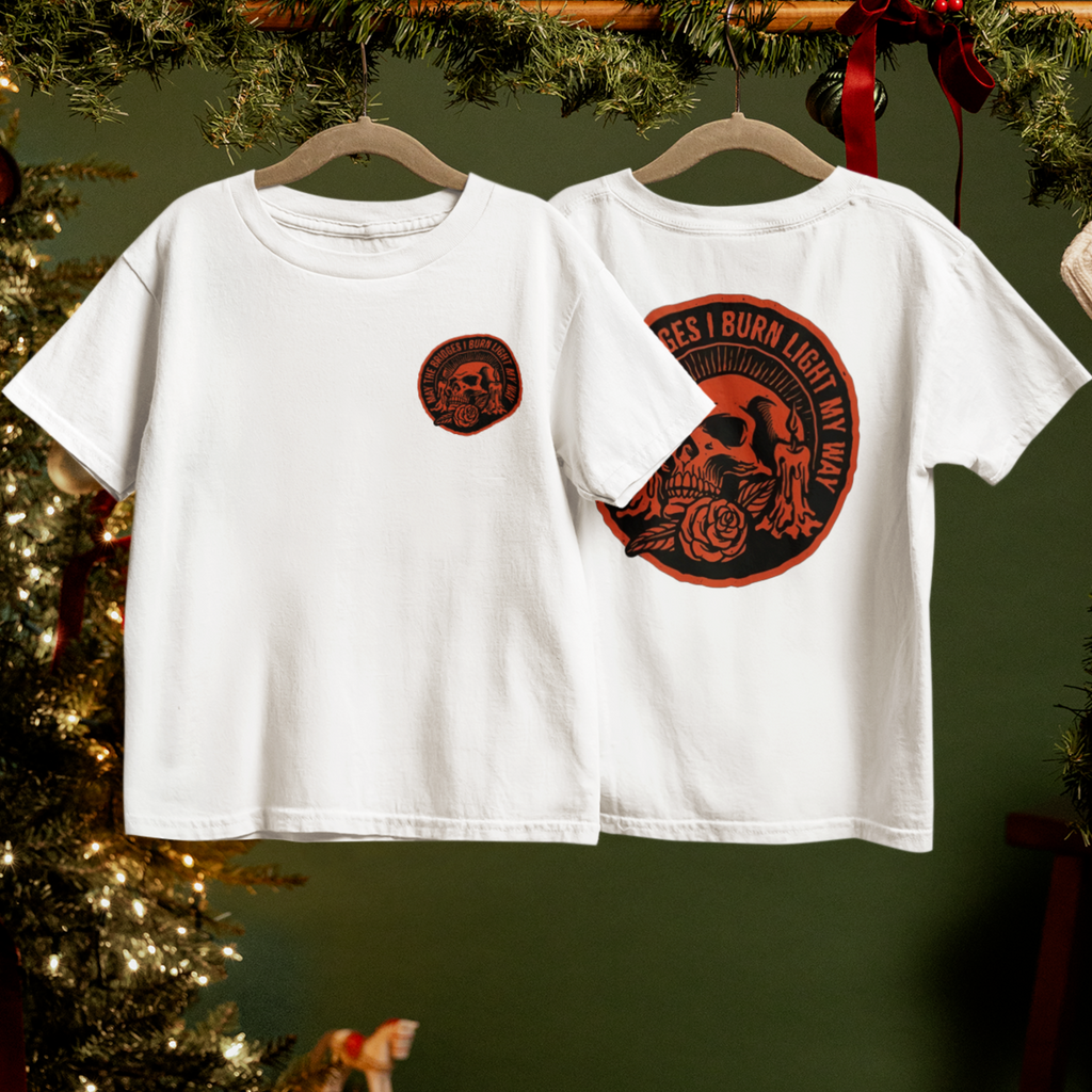 May The Bridges I Burn Light My Way Skull Rose Graphic T-Shirt Front & Back