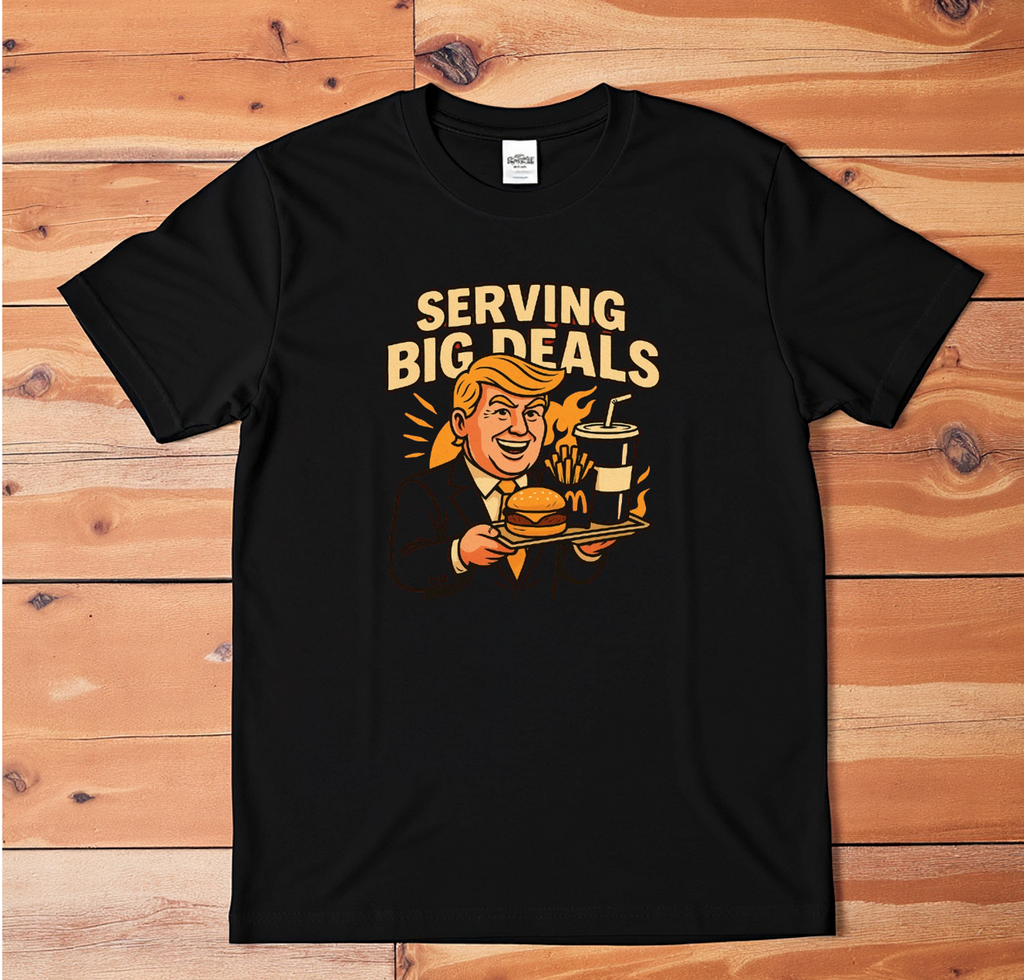 Serving Big Deals Funny Burger Fries Soda Graphic T-Shirt Political Parody Tee