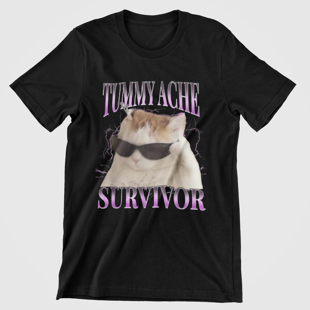 Tummy Ache Survivor Shirt Funny Cat Meme Graphic Tee Humor Unisex