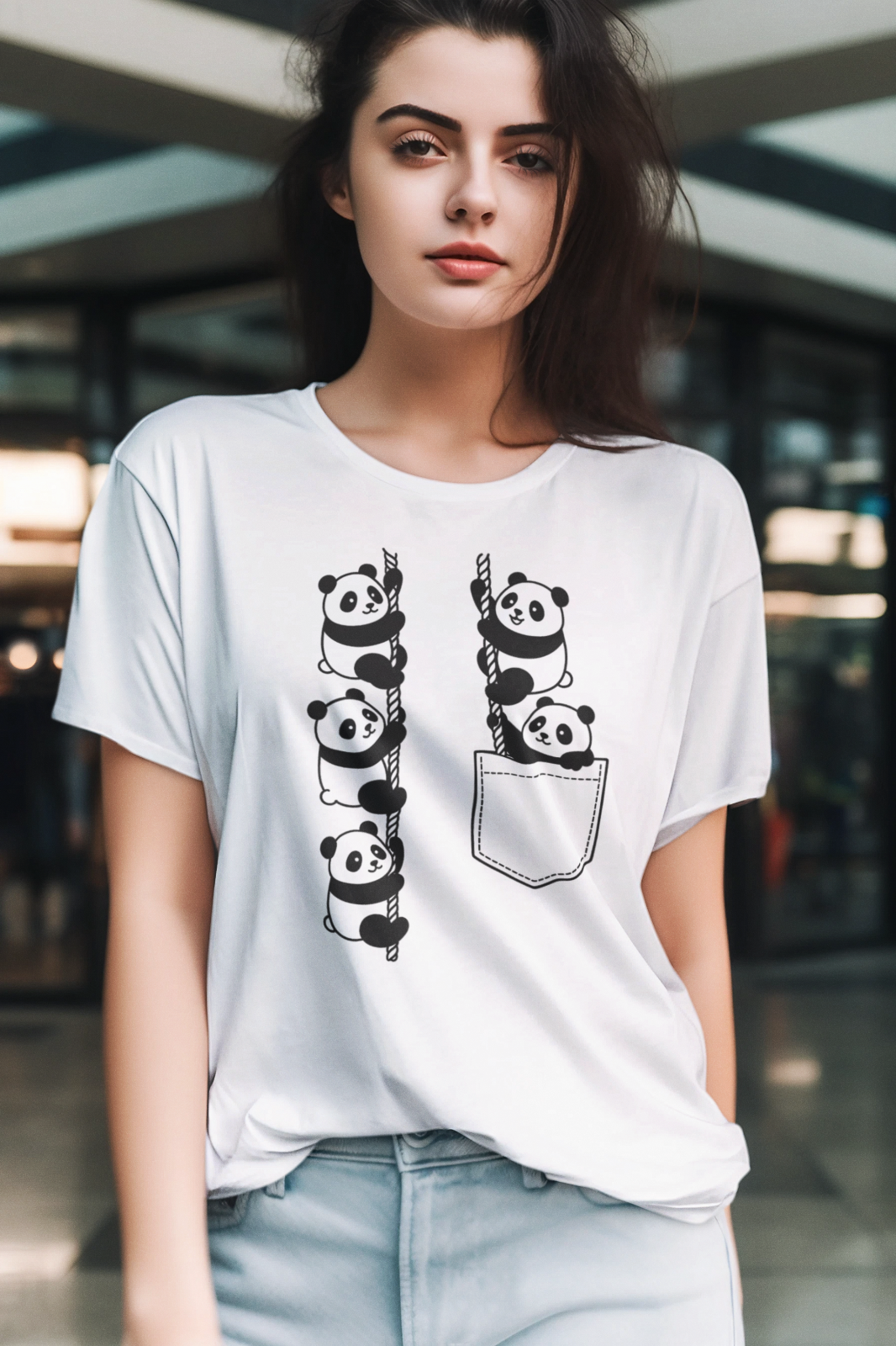 Cute Panda Climbing Pocket T-Shirt Black Graphic Tee Kawaii Animal Lover Gift