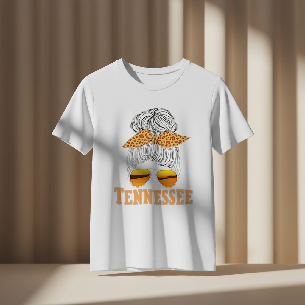 Tennessee Messy Bun Sunglasses T-Shirt | Southern Mama Leopard Bow Tee