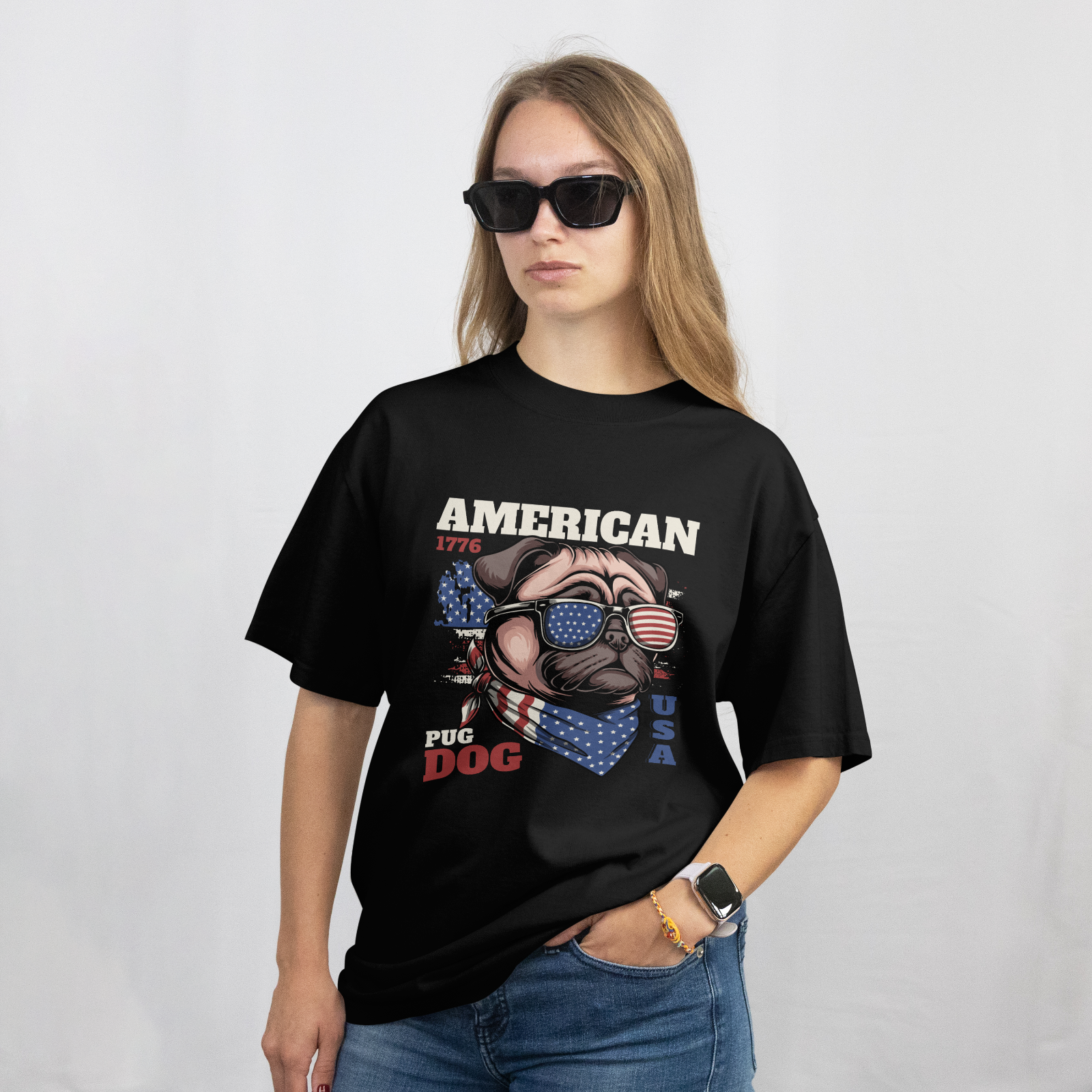 American Pug Dog Shirt Patriotic USA Flag Sunglasses T-Shirt