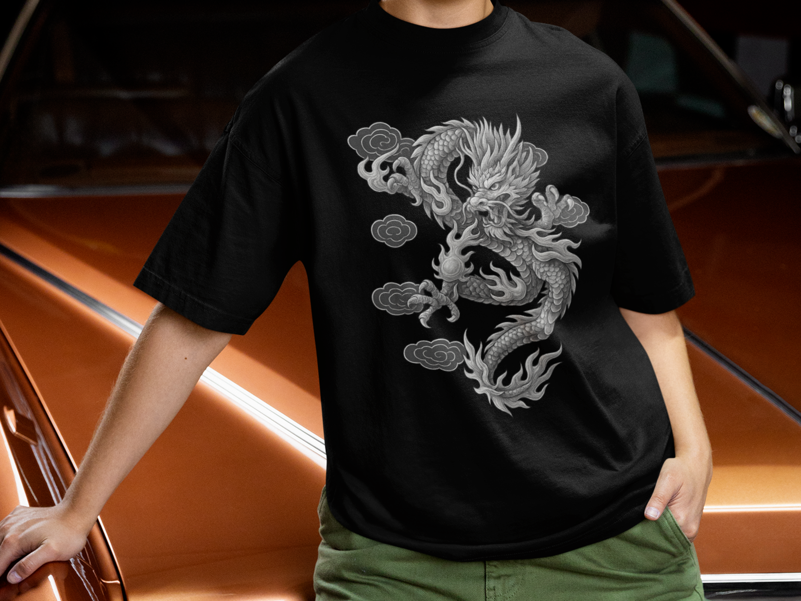 Traditional Chinese Dragon Shirt Black Grey Oriental Mythical Creature Tee