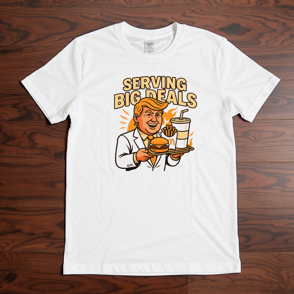 Serving Big Deals Funny Burger Fries Soda Graphic T-Shirt Political Parody Tee