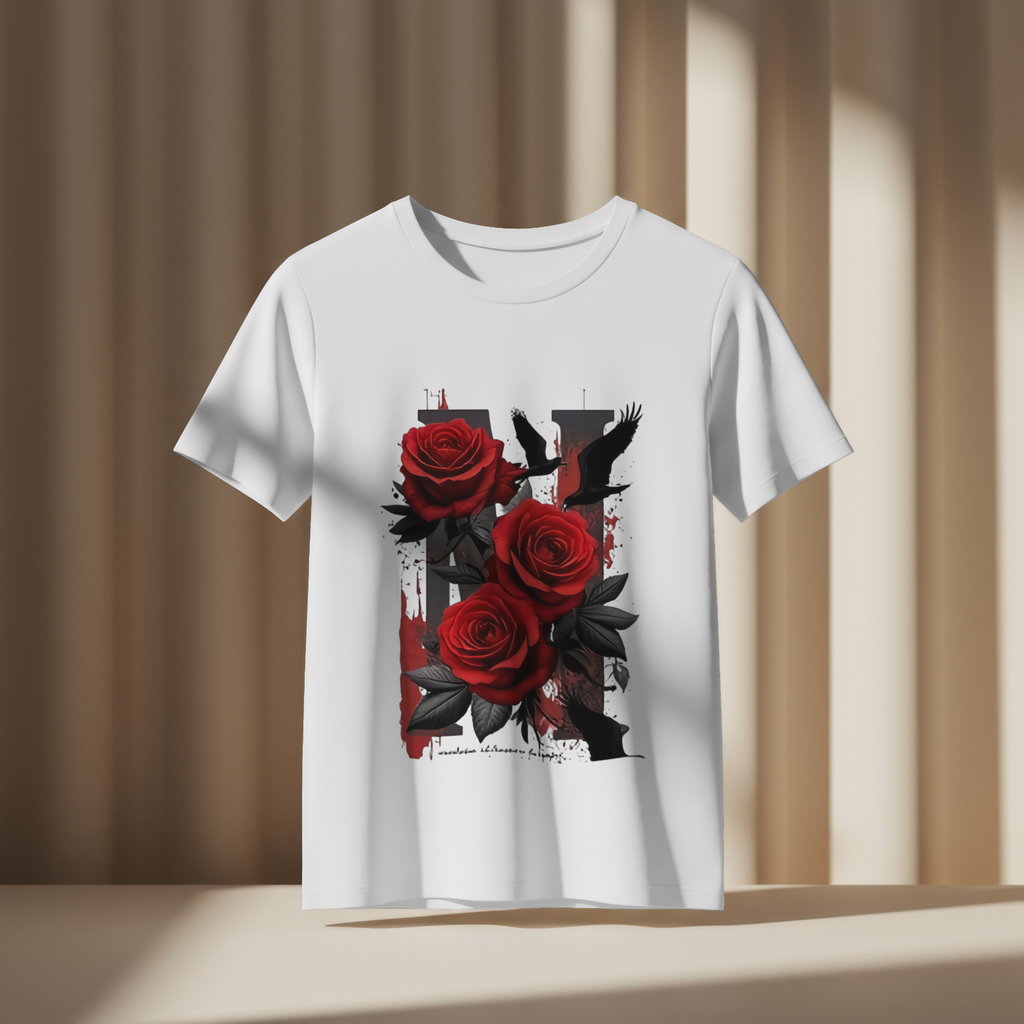 Gothic Rose Raven T-Shirt Black Red Floral Valentine Halloween Tee