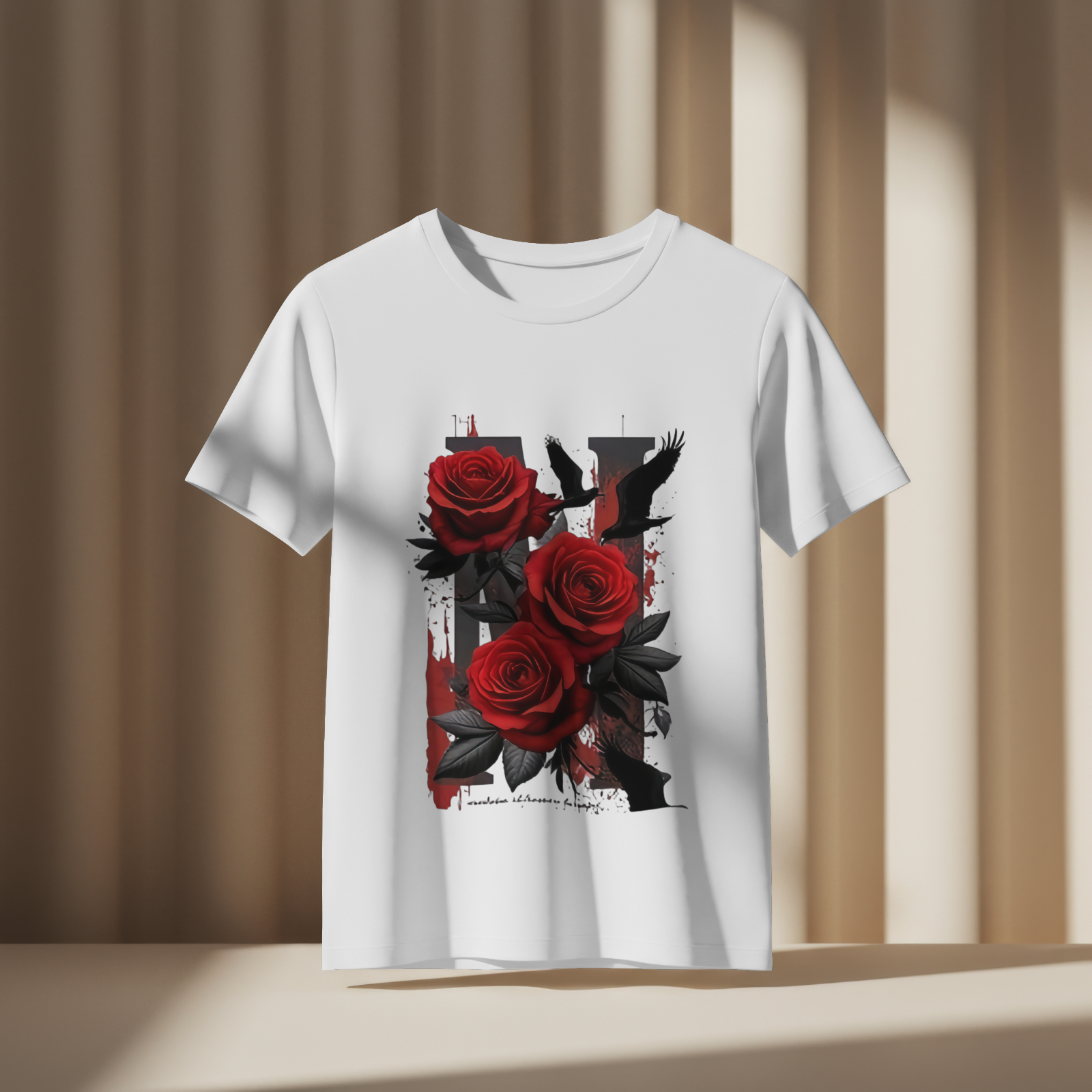 Gothic Rose Raven T-Shirt Black Red Floral Valentine Halloween Tee