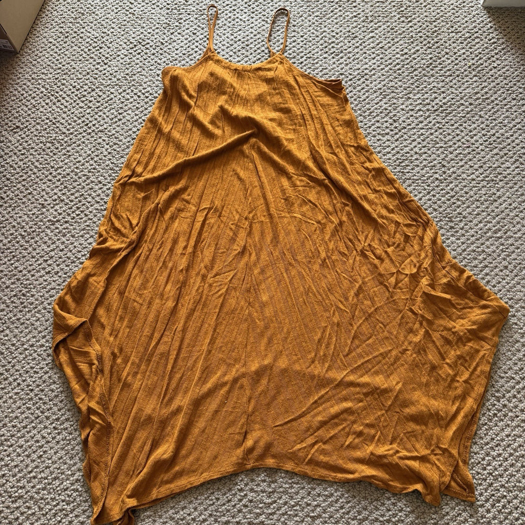 Zara Woman Mustard Yellow Ribbed Midi Dress Handkerchief Hem Boho V Neck Size S