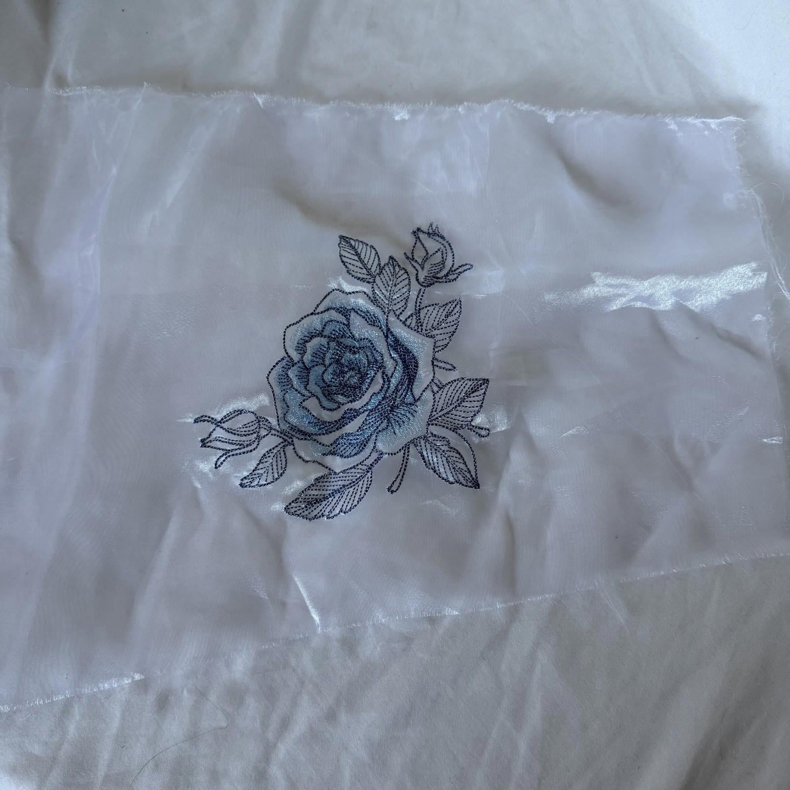 Vintage Blue Rose Embroidered Sheer Patch Navy Floral Cottage Decor