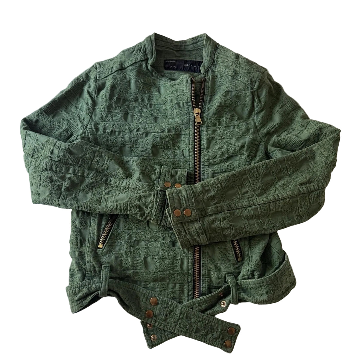 Zara Basic Women’s Green Jacquard Quilted Bomber Jacket Size S Belted Zip