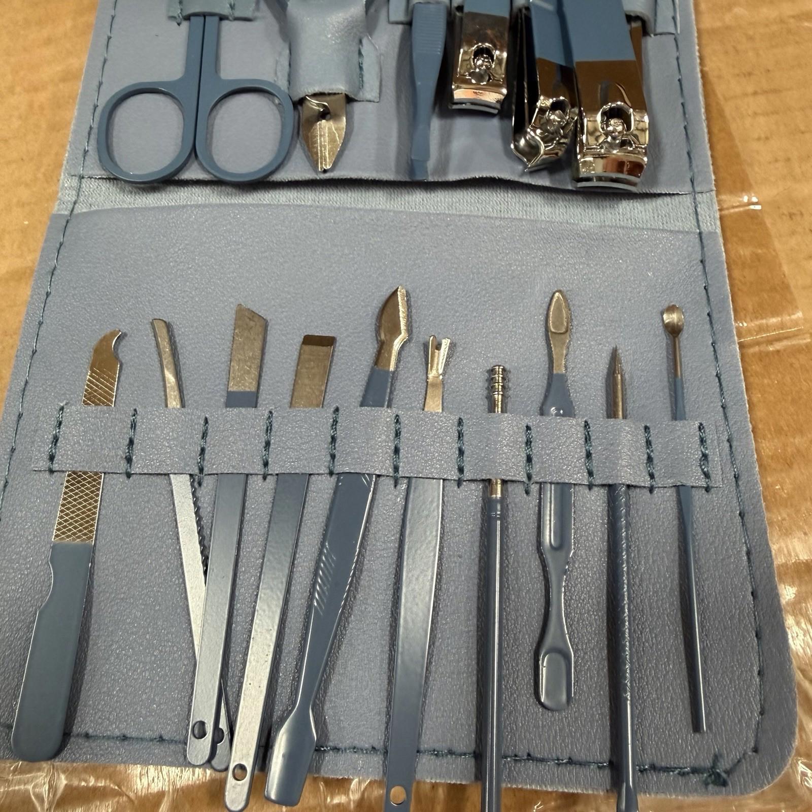 16-Piece Manicure Pedicure Set Blue Leather Case Nail Clippers Grooming Kit