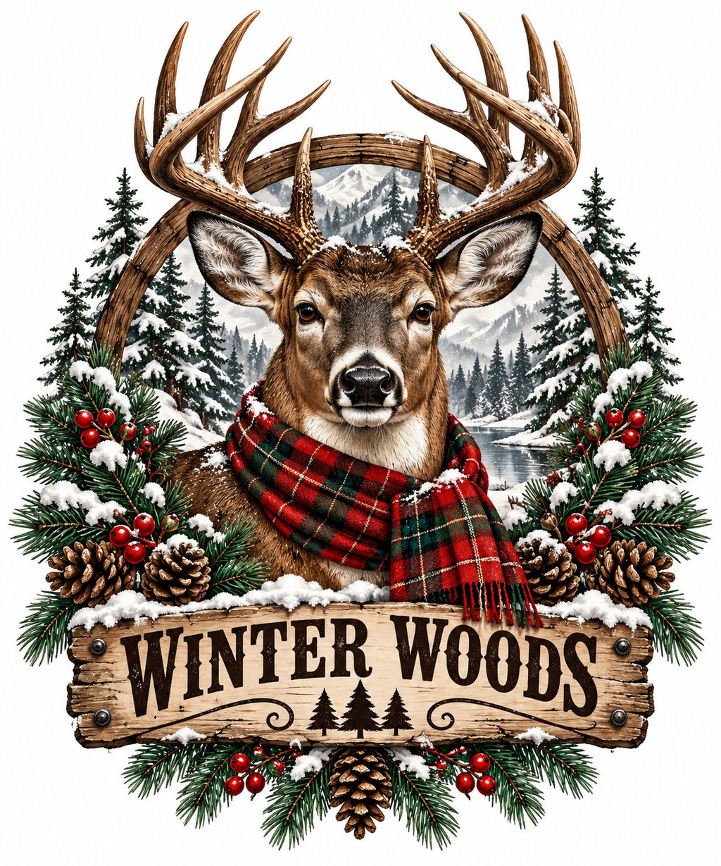 Winter Woods Deer Plaid Scarf DTF Transfer Ready to Press Print