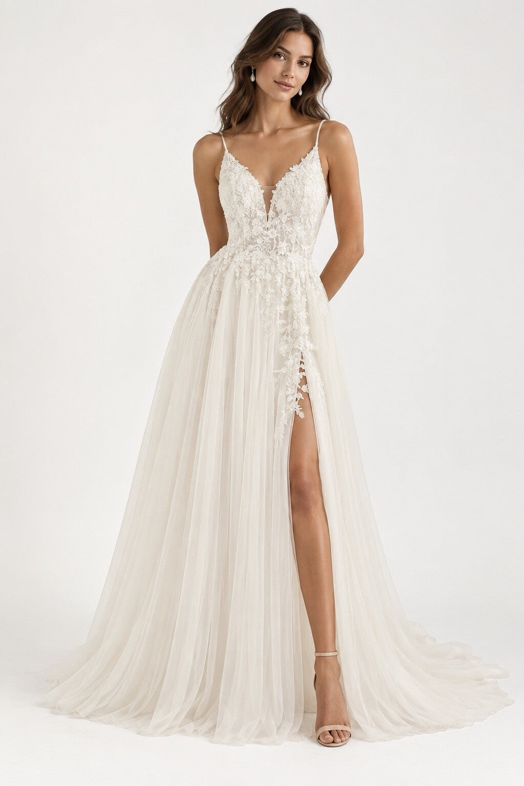Ivory Lace A-Line Wedding Dress Size 2 Spaghetti Strap Bridal Gown Tulle