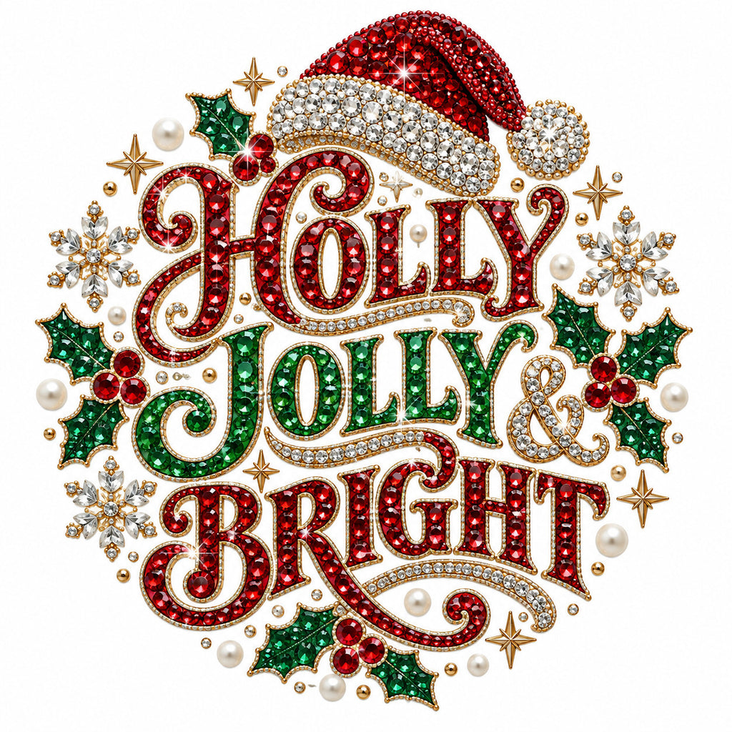4pcs 10in Holly Jolly and Bright Rhinestone DTF Transfer Ready to Press
