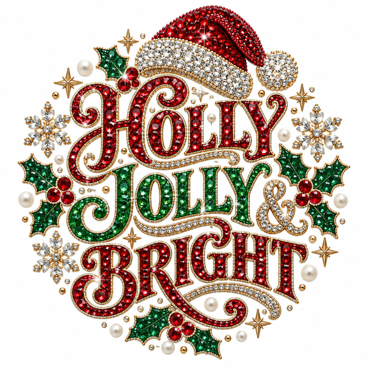 4pcs 10in Holly Jolly and Bright Rhinestone DTF Transfer Ready to Press