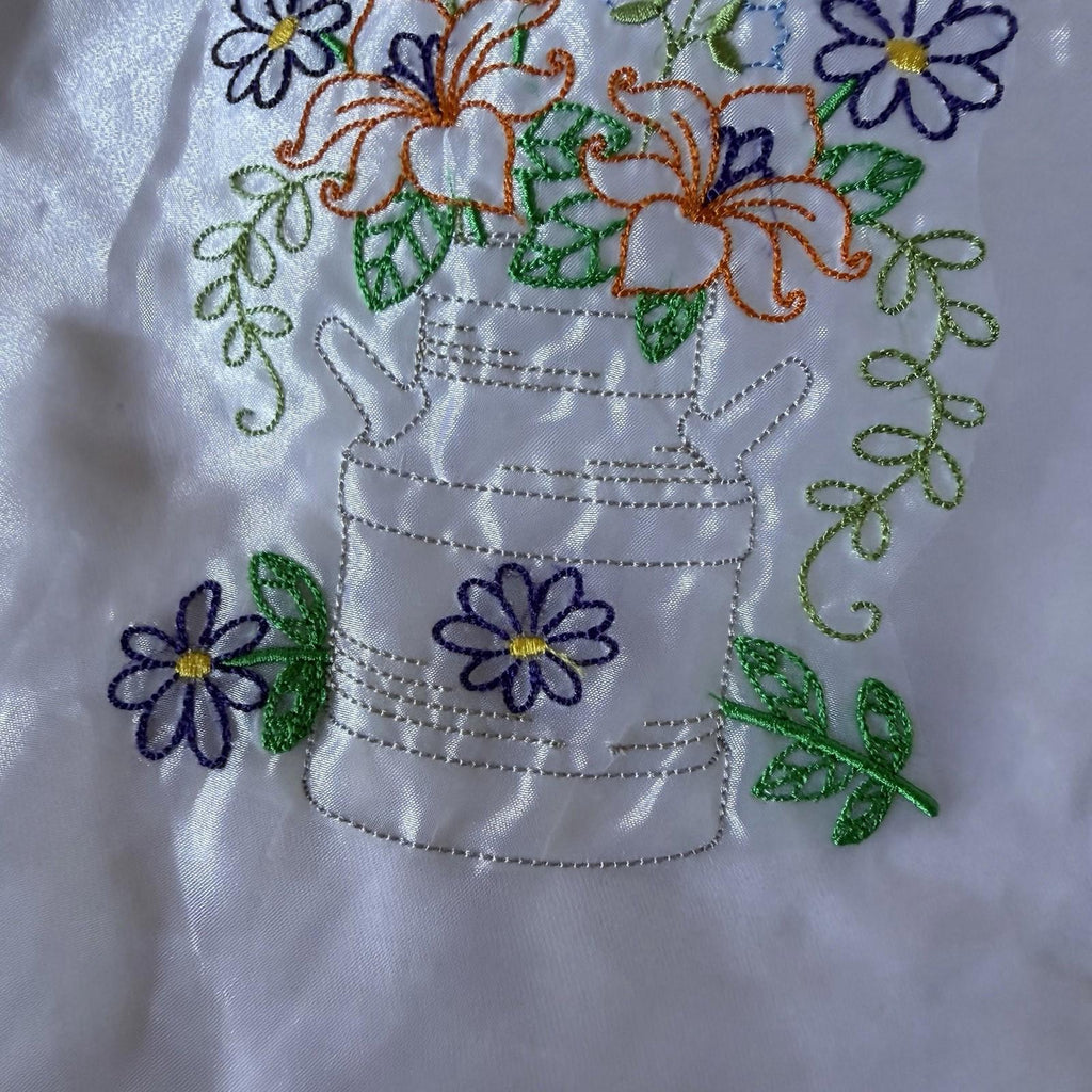 Vintage Embroidered Sheer Panel Patch - Floral Milk Can Bouquet Daisies Lilies