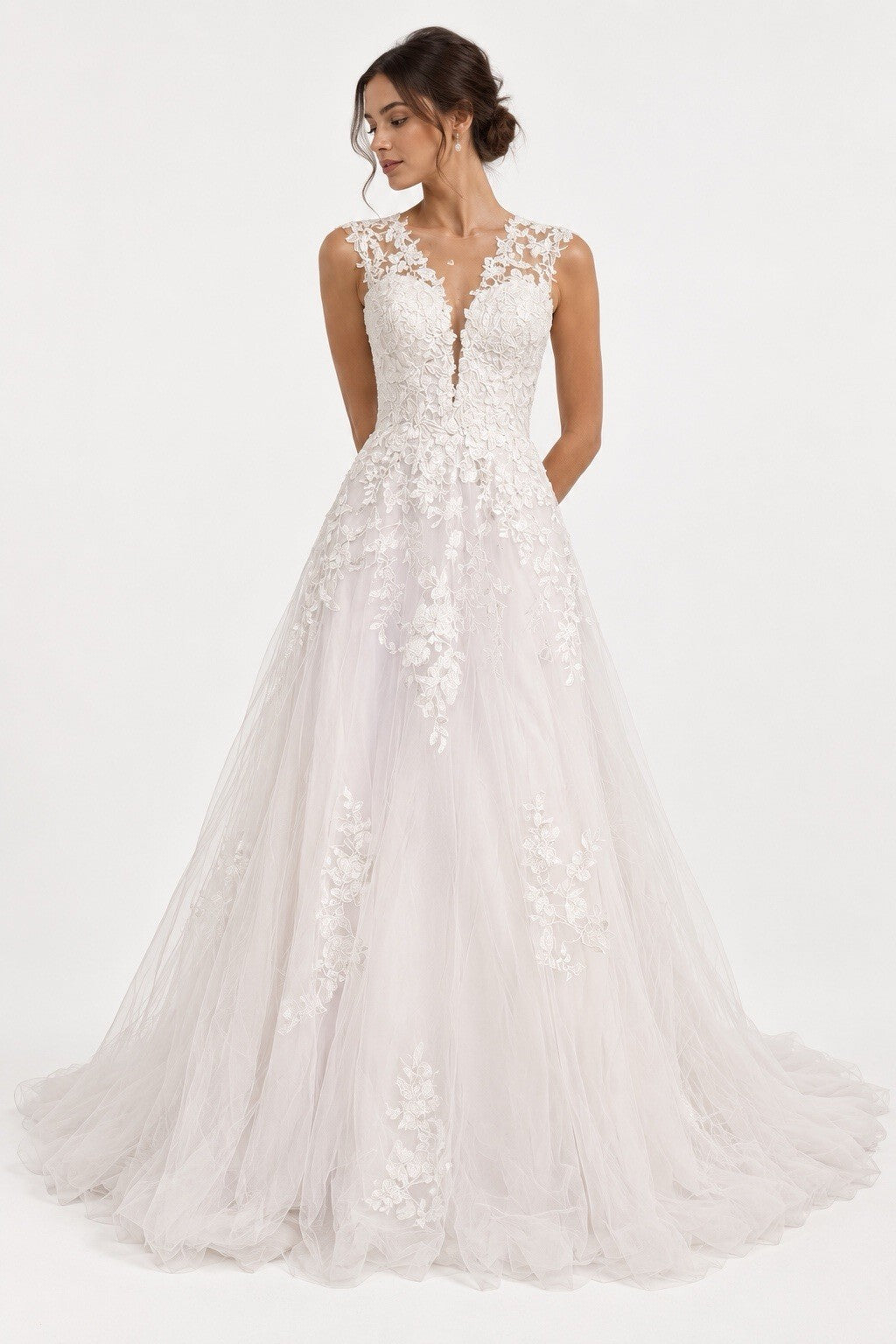 Ivory Lace A-Line Wedding Dress Size 6 Floral Tulle Bridal Gown Cap Sleeve