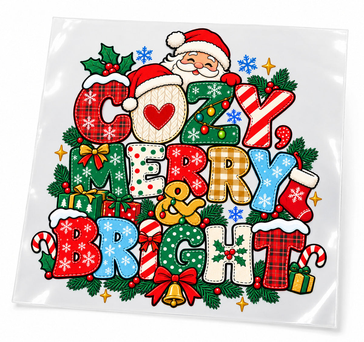 Cozy Merry Bright Christmas DTF Transfer 10 Inch Ready to Press Pack of 4