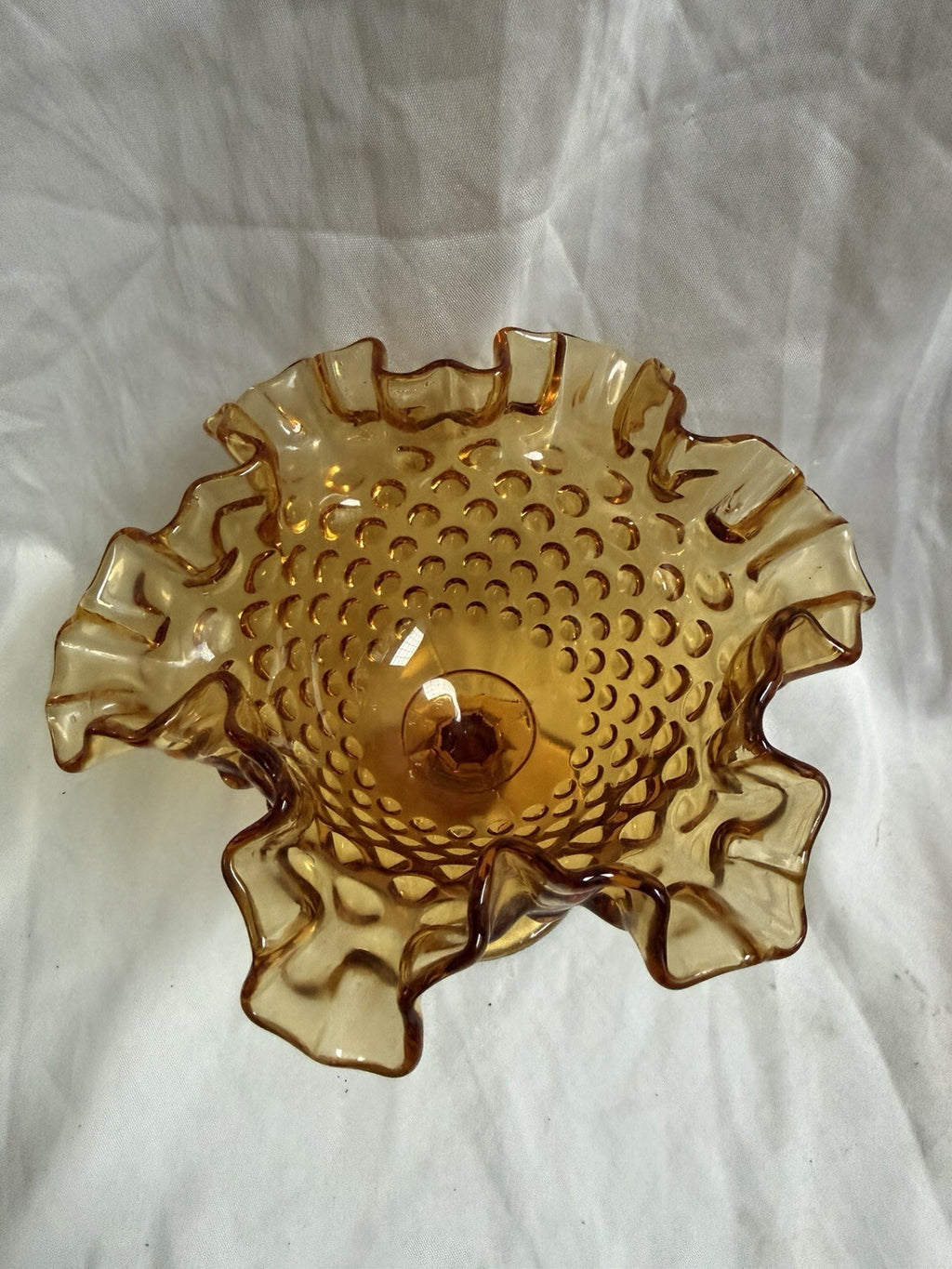 Fenton Amber Hobnail Glass Compote – Vintage Pedestal Candy Dish - Ruffled Rim